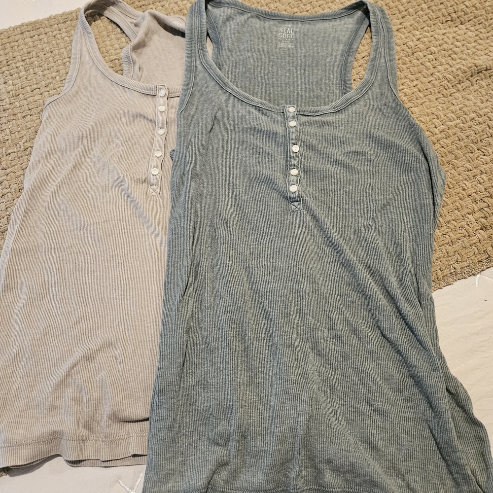 Aerie Buttoned Ribbed Tank Tops - Cream and Blue
